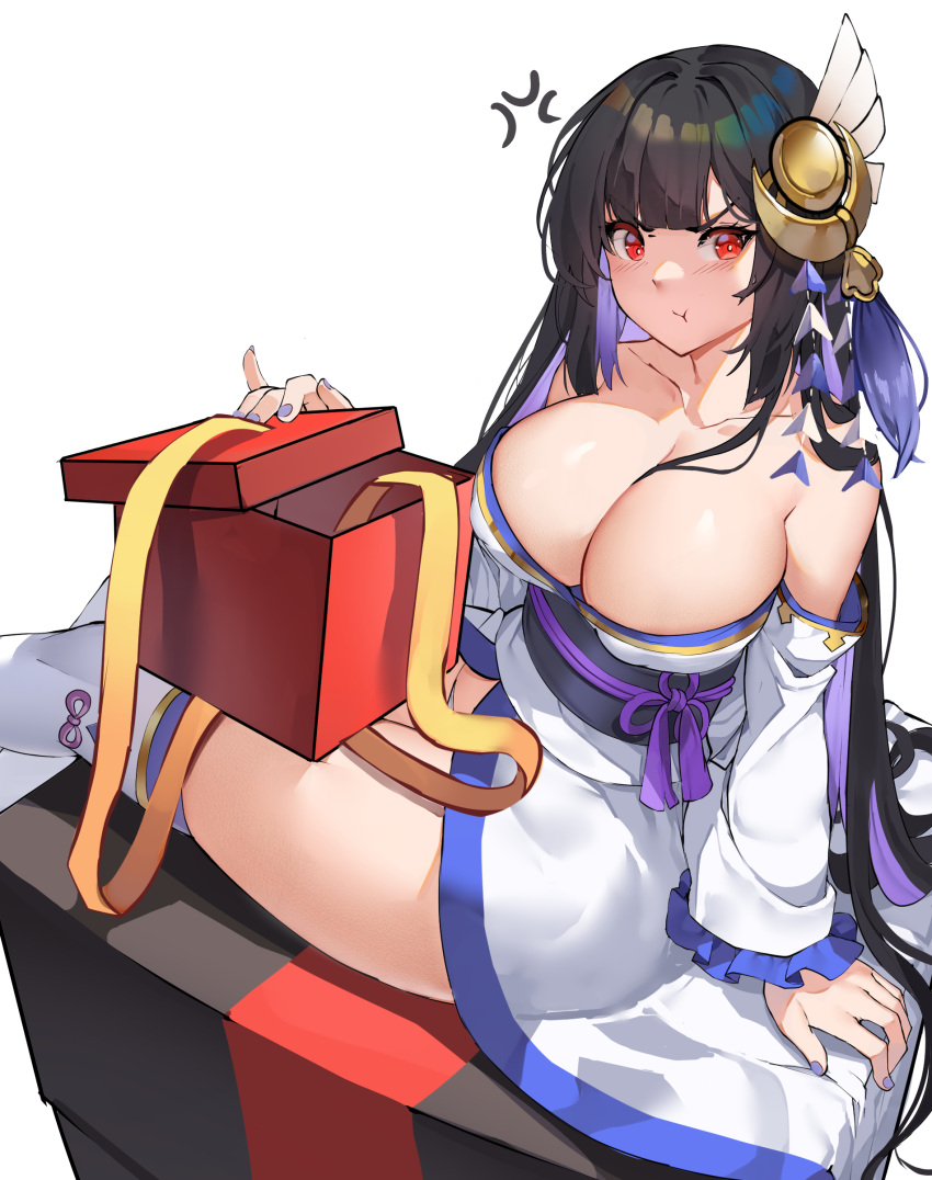 1girl absurdres black_hair blush box breasts cleavage collarbone colored_inner_hair detached_sleeves flower_knot gift gift_box hair_ornament highres huge_breasts japanese_clothes kimono long_hair long_sleeves looking_at_viewer mochizuki_chiyome multicolored_hair nail_polish obi panties panty_peek pout red_eyes ribbon sash sitting solo thighhighs thighs underwear vierzeck white_background