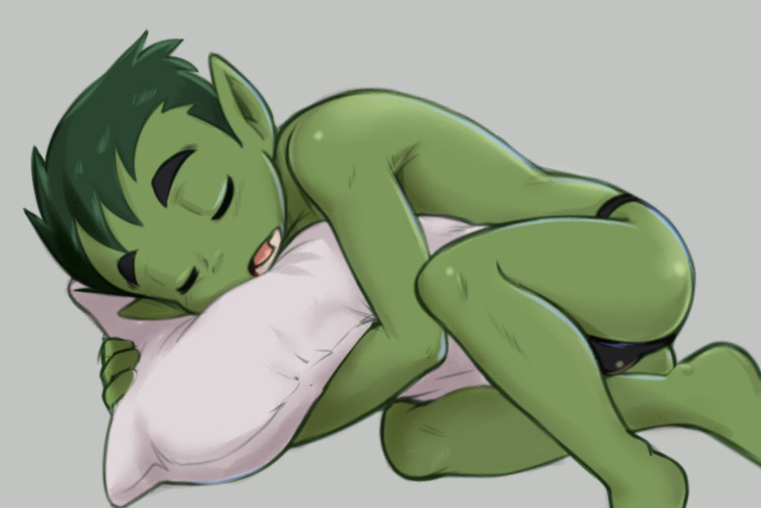 beast_boy black_clothing black_underwear bulge butt clothing colored dandi eyebrows eyes_closed green_body green_hair green_skin grey_background hair humanoid lying male not_furry on_side open_mouth pillow pillow_hug simple_background sleeping solo teeth thong tongue underwear young