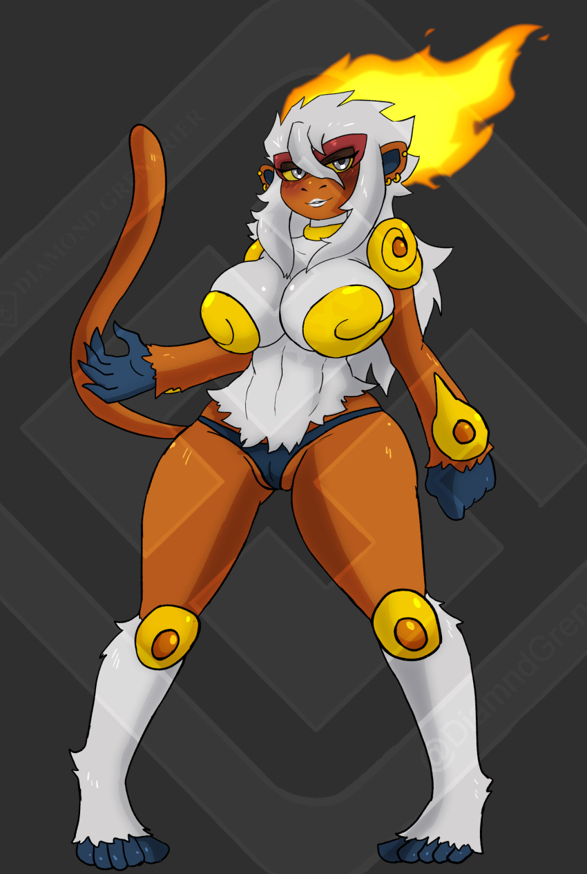 anthro camel_toe clothing collar diamond_grenadier ear_piercing ear_ring female fire flaming_hair fur generation_4_pokemon gold_(metal) gold_bra gold_jewelry grey_eyes hair hi_res infernape jewelry lipstick makeup metal_collar monkey_tail nintendo orange_body panties piercing pokemon pokemon_(species) pokemorph pseudo_hair ring_piercing solo solo_focus underwear video_games watermark white_body white_fur white_hair white_lipstick