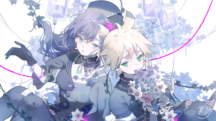 1boy 1girl 25-ji_night_code_de._(project_sekai) arm_cutout asahina_mafuyu black_gloves black_headwear black_pantyhose black_shirt blonde_hair blue_eyes bouquet commentary_request detached_collar earrings empty_eyes flower flower_earrings gloves grey_shirt hair_flower hair_ornament hat heart_pendant high_ponytail highres holding holding_bouquet intravenous_drip ivy jewelry kagamine_len karohroka long_hair nurse_cap official_art pantyhose pendant_choker plant project_sekai purple_eyes purple_flower purple_hair sad second-party_source shirt short_ponytail sitting two-tone_shirt vines vocaloid white_flower