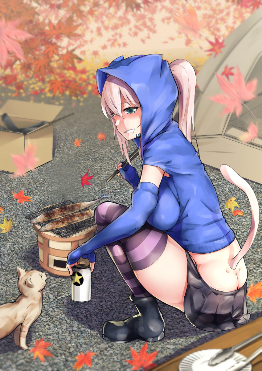 1girl absurdres alcohol animal animal_ears beer blue_hoodie blush breasts can cat cat_ears cat_tail chopsticks ganari_ryuu green_eyes grilled_fish hair_through_headwear headphones headset highres holding holding_can hood hood_up hoodie large_breasts pink_hair slav_squatting smile squatting super_tama_musume tail tamatoys