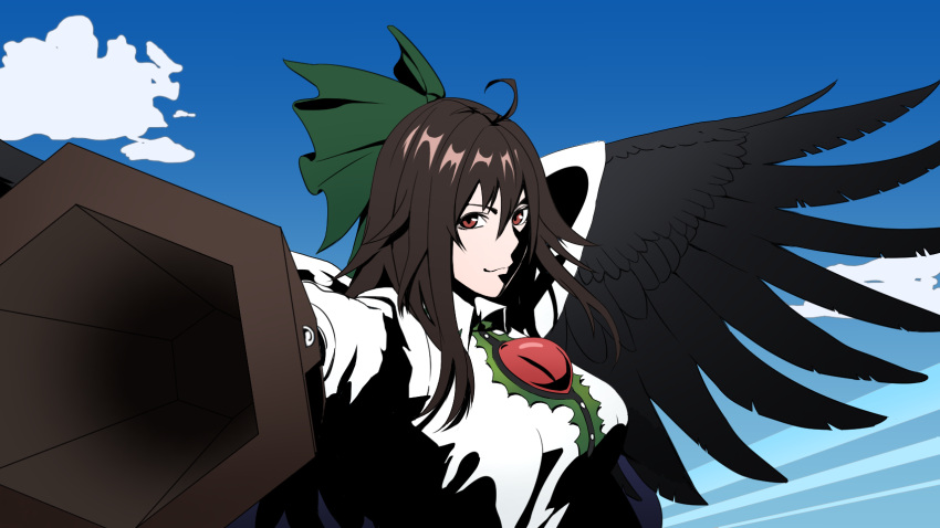 1girl ahoge aiming_at_viewer arm_cannon bird_wings black_wings bleach bow breasts brown_eyes brown_hair buttons cape center_frills closed_mouth collared_shirt commentary_request control_rod frills green_bow hair_bow high_contrast highres large_breasts long_hair looking_at_viewer minami_koyogi parody puffy_short_sleeves puffy_sleeves red_eyes reiuji_utsuho shirt short_sleeves smile solo style_parody third_eye touhou upper_body weapon white_cape white_shirt wings