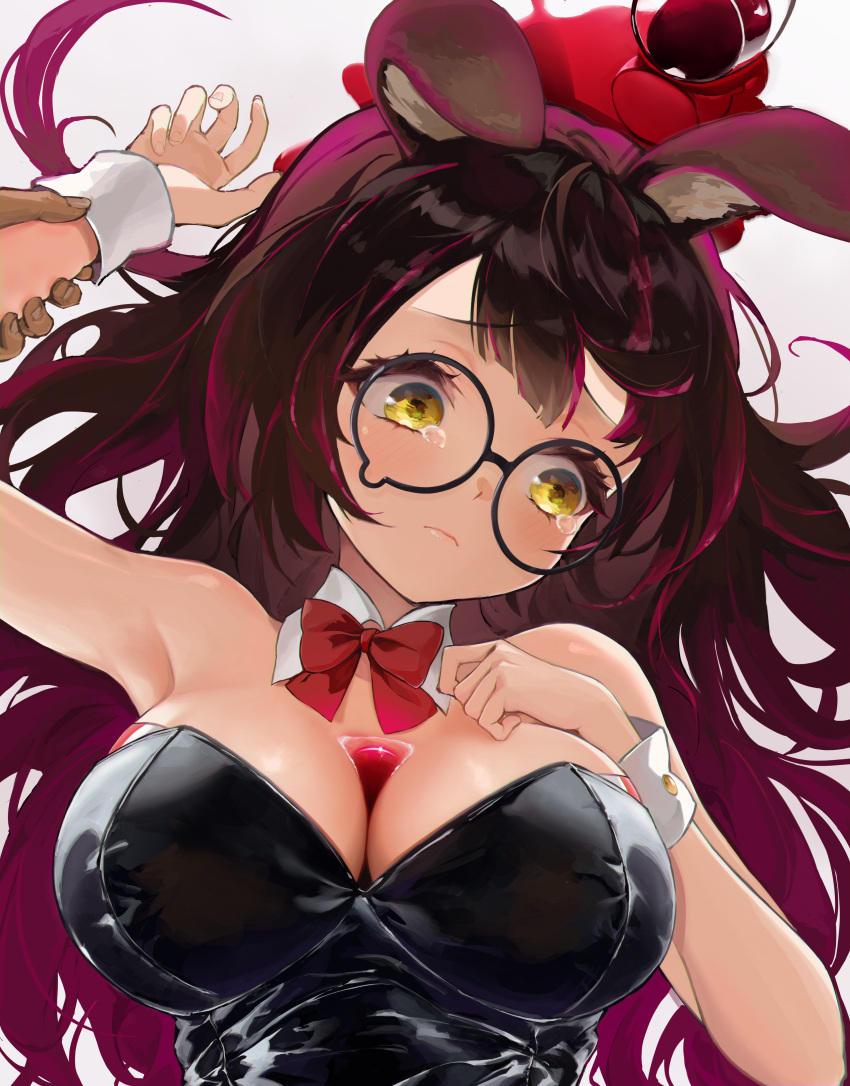 1girl absurdres animal_ears bangs blush bow bowtie breasts brown_hair bust_cup cleavage closed_mouth detached_collar glasses highres holding_another's_wrist hololive large_breasts long_hair looking_away playboy_bunny purple_hair rabbit_ears red_bow red_bowtie roboco-san round_eyewear solo_focus tearing_up upper_body virtual_youtuber wellsy wrist_cuffs yellow_eyes