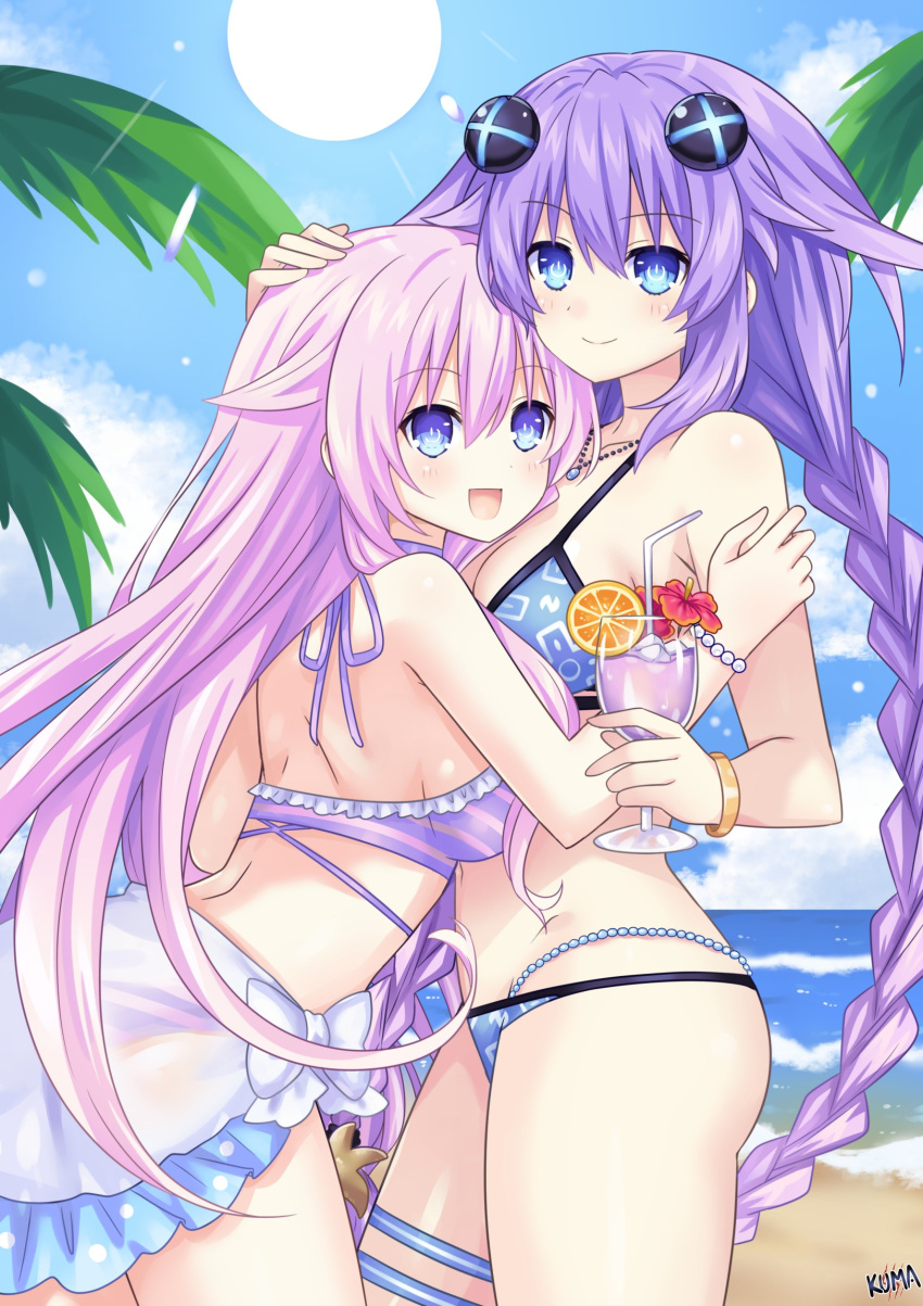 2girls armband bangs beach bikini blue_eyes blush braid breasts cup english_commentary hair_between_eyes hair_flaps hair_ornament hand_on_another's_head highres holding holding_cup hug lewdkuma long_hair looking_at_viewer medium_breasts multiple_girls neptune_(series) ocean open_mouth outdoors palm_tree pink_hair power_symbol purple_hair purple_heart purple_sister sidelocks signature smile sun swimsuit symbol-shaped_pupils thigh_strap tree twin_braids