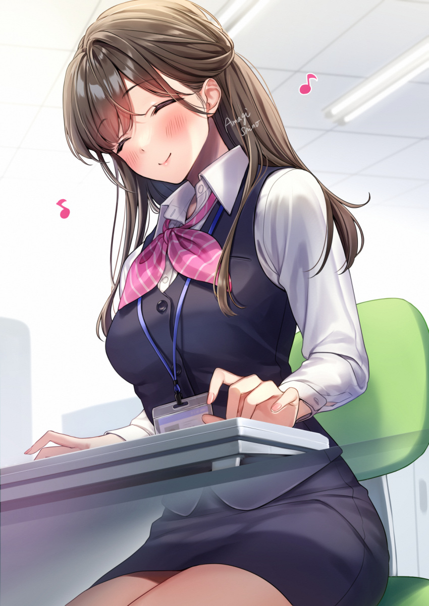 1girl amagi_shino artist_name bangs blush bow bowtie brown_hair chair closed_eyes closed_mouth collared_shirt eyelashes happy highres id_card long_hair long_sleeves music office office_chair office_lady original pencil_skirt pink_bow pink_bowtie receptionist_girl_(amagi_shino) shirt signature singing sitting skirt smile solo striped striped_bow striped_bowtie thighs typing white_shirt
