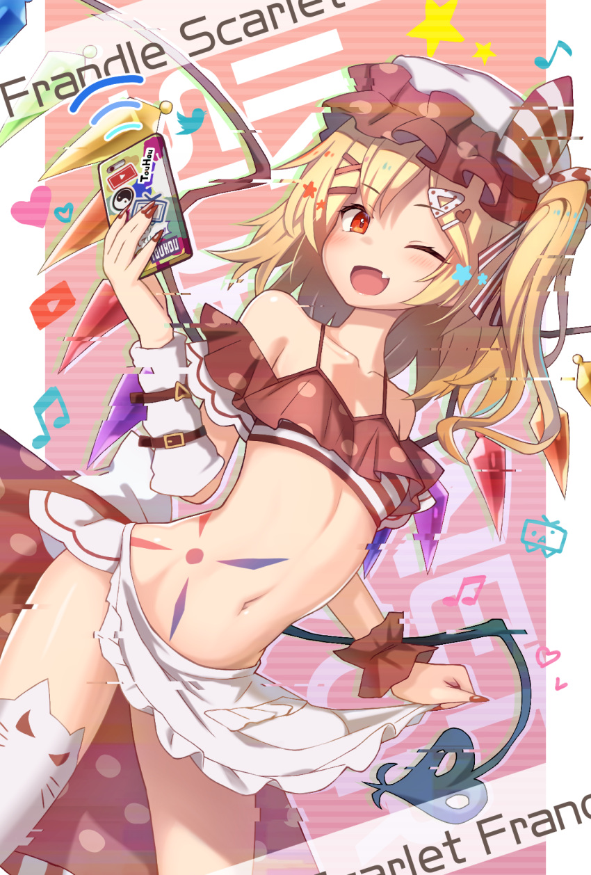 1girl beamed_eighth_notes blonde_hair blush cellphone character_name crystal eighth_note fang fingernails flandre_scarlet highres holding holding_phone internet_survivor long_hair musical_note nail_polish navel niconico one_eye_closed open_mouth phone red_eyes red_nails sharp_fingernails shiratsuki_shiori side_ponytail skin_fang smartphone smile solo touhou wings youtube