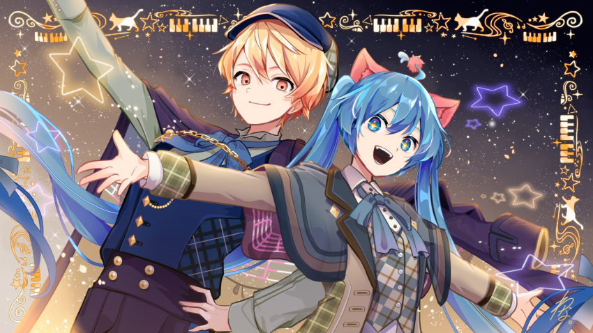 +_+ 1boy 1girl :d ahoge animal_ears arm_up blonde_hair blue_bow blue_bowtie blue_capelet blue_eyes blue_hair blue_headwear blue_pants blue_shirt bow bowtie buttons cape capelet cat cat_ears closed_mouth commentary_request diamond_button double-breasted fangs gradient_cape grey_vest hair_ornament hat hatsune_miku highres long_hair looking_at_viewer official_art open_mouth outstretched_arms pants piano_keys plaid plaid_shirt plaid_vest pointing pom_pom_(clothes) pom_pom_hair_ornament project_sekai second-party_source shirt sky smile star_(sky) star_(symbol) starry_sky tenma_tsukasa two-sided_cape two-sided_fabric upper_body very_long_hair vest wanaxtuco white_shirt wonderlands_x_showtime_(project_sekai) yellow_eyes