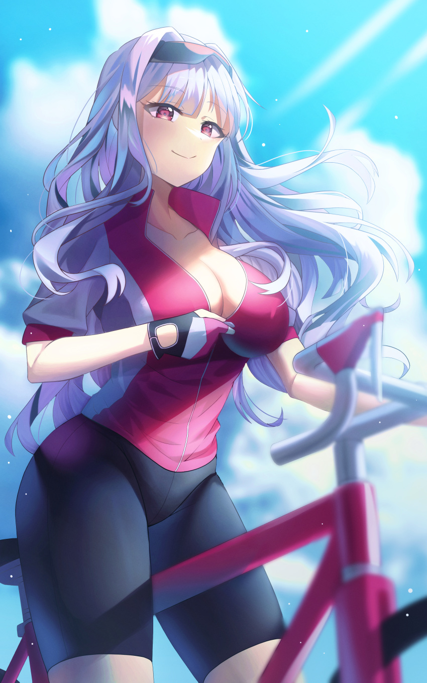 1girl absurdres bicycle bike_shorts black_shorts blue_sky breasts cleavage collarbone commentary_request grey_hair ground_vehicle hairband highres idolmaster large_breasts long_hair looking_at_viewer outdoors partially_unzipped purple_eyes purple_hairband purple_shirt riding riding_bicycle shijou_takane shiromigi shirt shorts sky smile solo unzipping