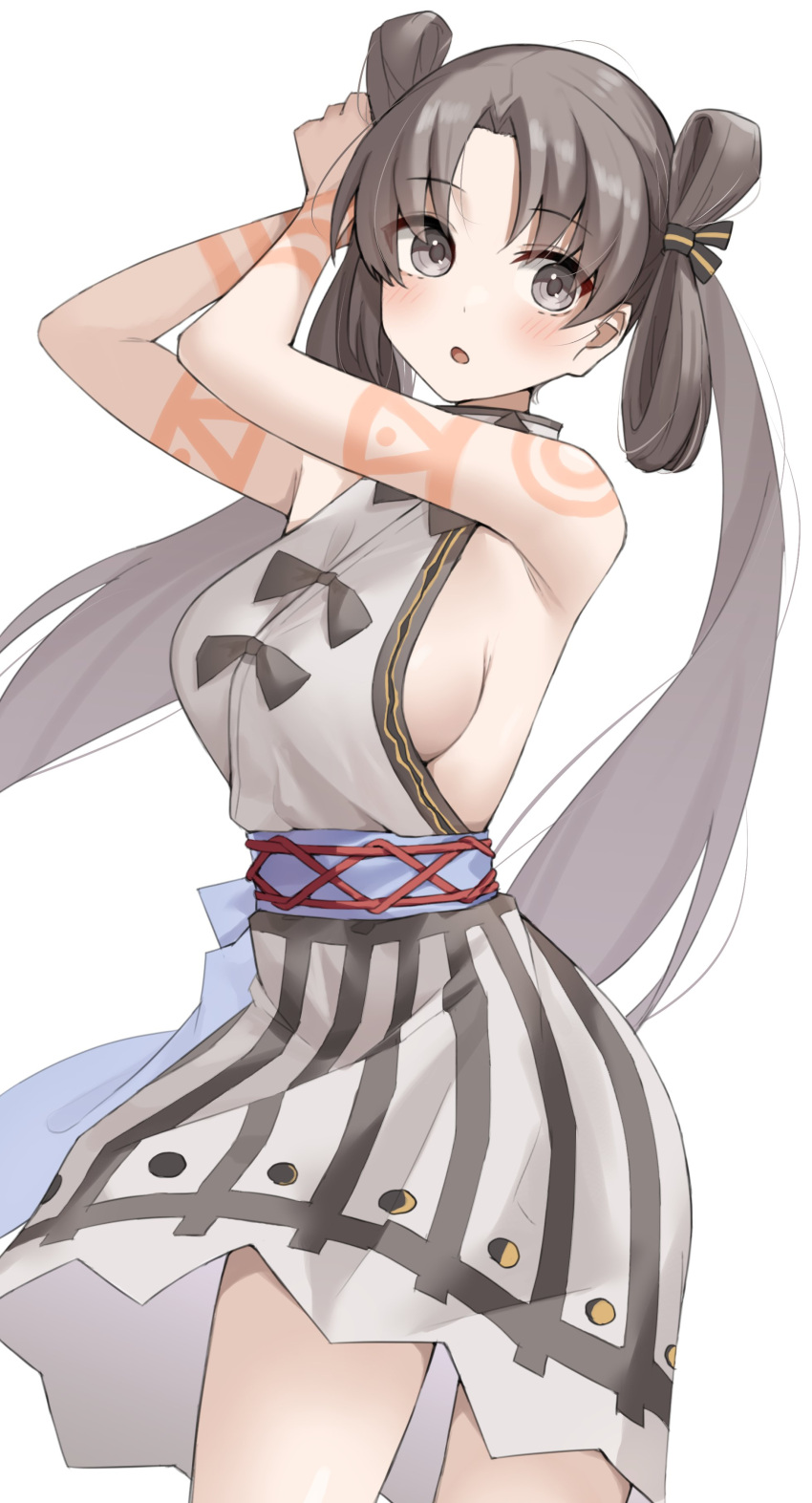 1girl absurdres backless_dress backless_outfit bangs bare_shoulders blush body_markings breasts brown_hair dress fate/grand_order fate_(series) grey_dress grey_eyes highres iyo_(fate) kopaka_(karda_nui) large_breasts long_hair looking_at_viewer open_mouth parted_bangs sash sideboob solo thighs twintails tying_hair very_long_hair