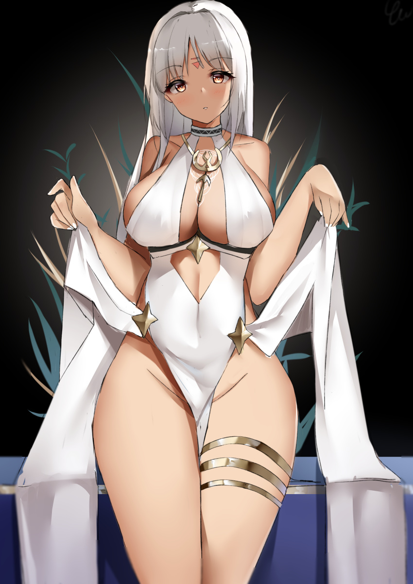 1girl absurdres azur_lane black_background breasts center_opening cocktail_dress dark-skinned_female dark_skin dress evening_gown facial_mark gold_bracelet halter_dress halterneck highres large_breasts long_hair looking_at_viewer massachusetts_(azur_lane) massachusetts_(dressed_to_impress)_(azur_lane) no_bra no_panties official_alternate_costume orange_eyes sitting skirt_hold solo thighs white_dress white_hair white_nails yanwulazy