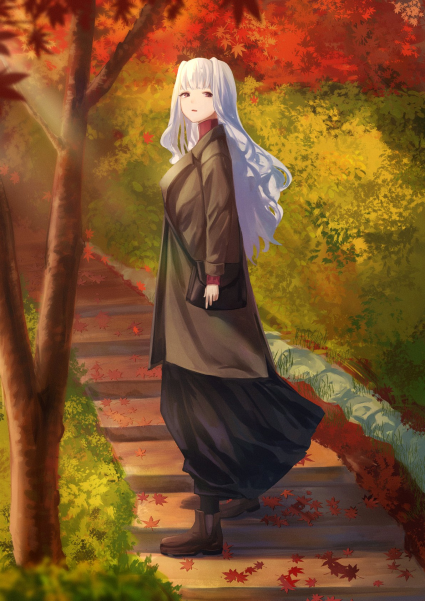 1girl bag black_skirt boots brown_coat brown_footwear coat commentary_request falling_leaves forest grey_hair handbag highres idolmaster idolmaster_(classic) leaf long_hair long_skirt looking_at_viewer looking_back maple_leaf nature outdoors purple_eyes sayuumigi shijou_takane skirt solo stairs tree