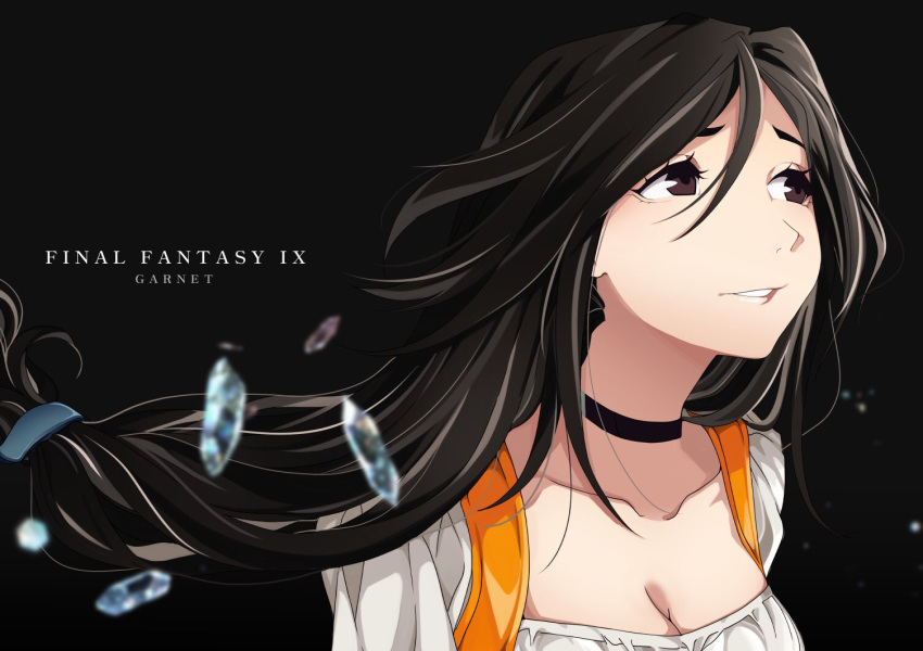 1girl black_hair breasts cleavage final_fantasy final_fantasy_ix garnet_til_alexandros_xvii long_hair simple_background solo