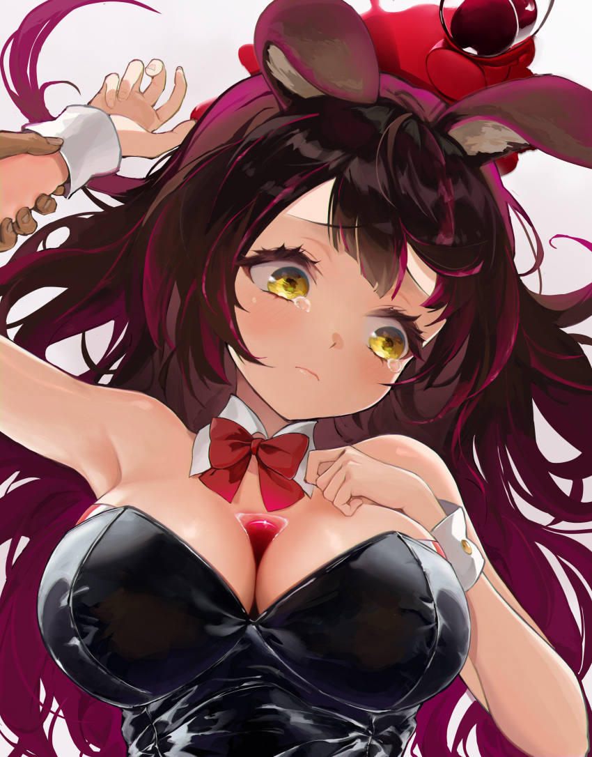 1girl absurdres animal_ears bangs blush bow bowtie breasts brown_hair bust_cup cleavage closed_mouth detached_collar highres holding_another's_wrist hololive large_breasts long_hair looking_away playboy_bunny purple_hair rabbit_ears red_bow red_bowtie roboco-san solo_focus tearing_up upper_body virtual_youtuber wellsy wrist_cuffs yellow_eyes
