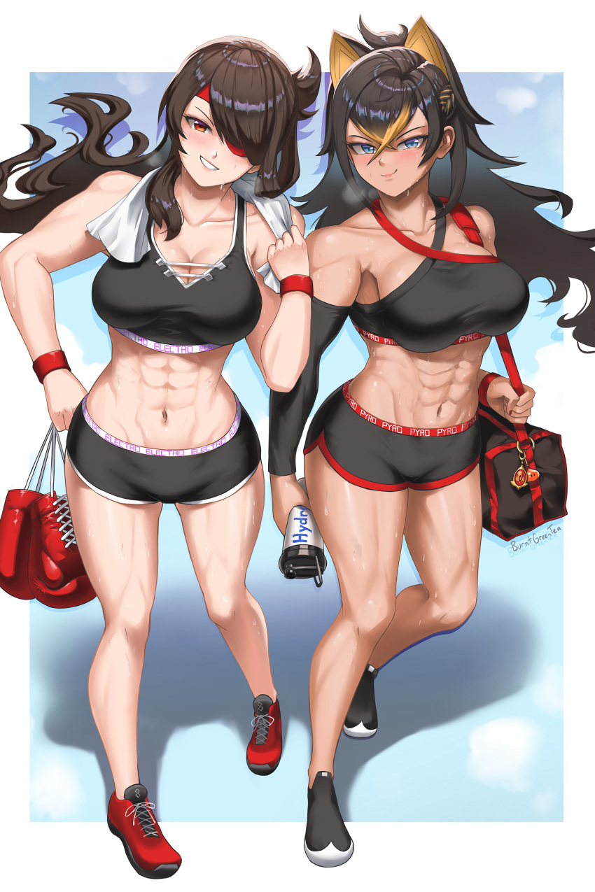 2girls abs absurdres animal_ears artist_name bag bag_charm bangs bare_shoulders beidou_(genshin_impact) black_footwear black_hair black_shorts black_sports_bra blonde_hair blue_background blue_eyes blush border bottle boxing_gloves breasts breath burnt_green_tea charm_(object) cleavage collarbone colored_eyepatch criss-cross_halter crossed_bangs dark-skinned_female dark_skin dehya_(genshin_impact) detached_sleeves eyepatch full_body genshin_impact gloves grin hair_between_eyes hair_over_one_eye hair_over_shoulder halterneck hand_on_hip highres holding holding_bottle holding_clothes holding_gloves large_breasts legs long_hair looking_at_viewer midriff multicolored_hair multiple_girls muscular muscular_female nail_polish navel parted_lips red_eyes red_footwear red_nails red_wristband short_shorts shorts shoulder_bag sidelocks single_detached_sleeve smile sports_bra sportswear streaked_hair sweat thighs toned towel towel_around_neck vision_(genshin_impact) water_bottle white_border