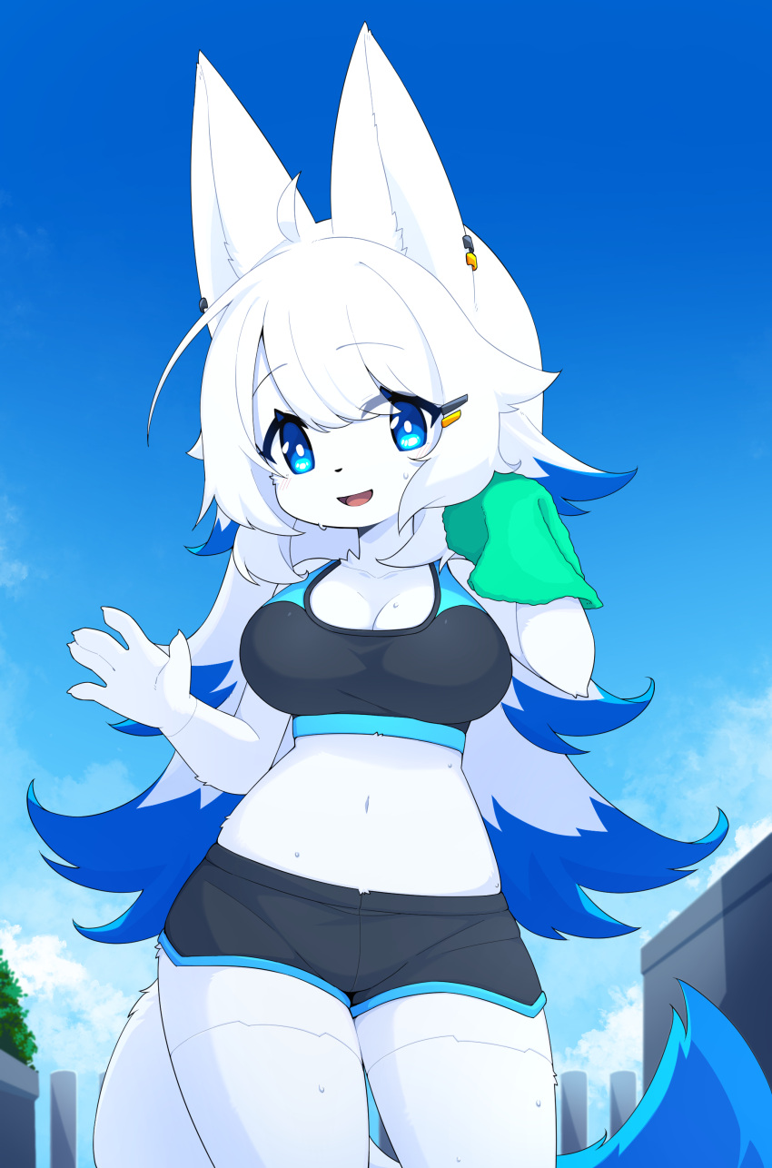 2022 5_fingers absurd_res anthro bella_(devil-vox) blue_body blue_eyes blue_fur blue_hair bottomwear bra breasts canid canine canis claws clothing devil-vox female female_anthro finger_claws fingers fur hair hi_res hotpants kemono looking_at_viewer mammal midriff navel shorts solo sports_bra underwear white_body white_fur white_hair wolf workout_clothing