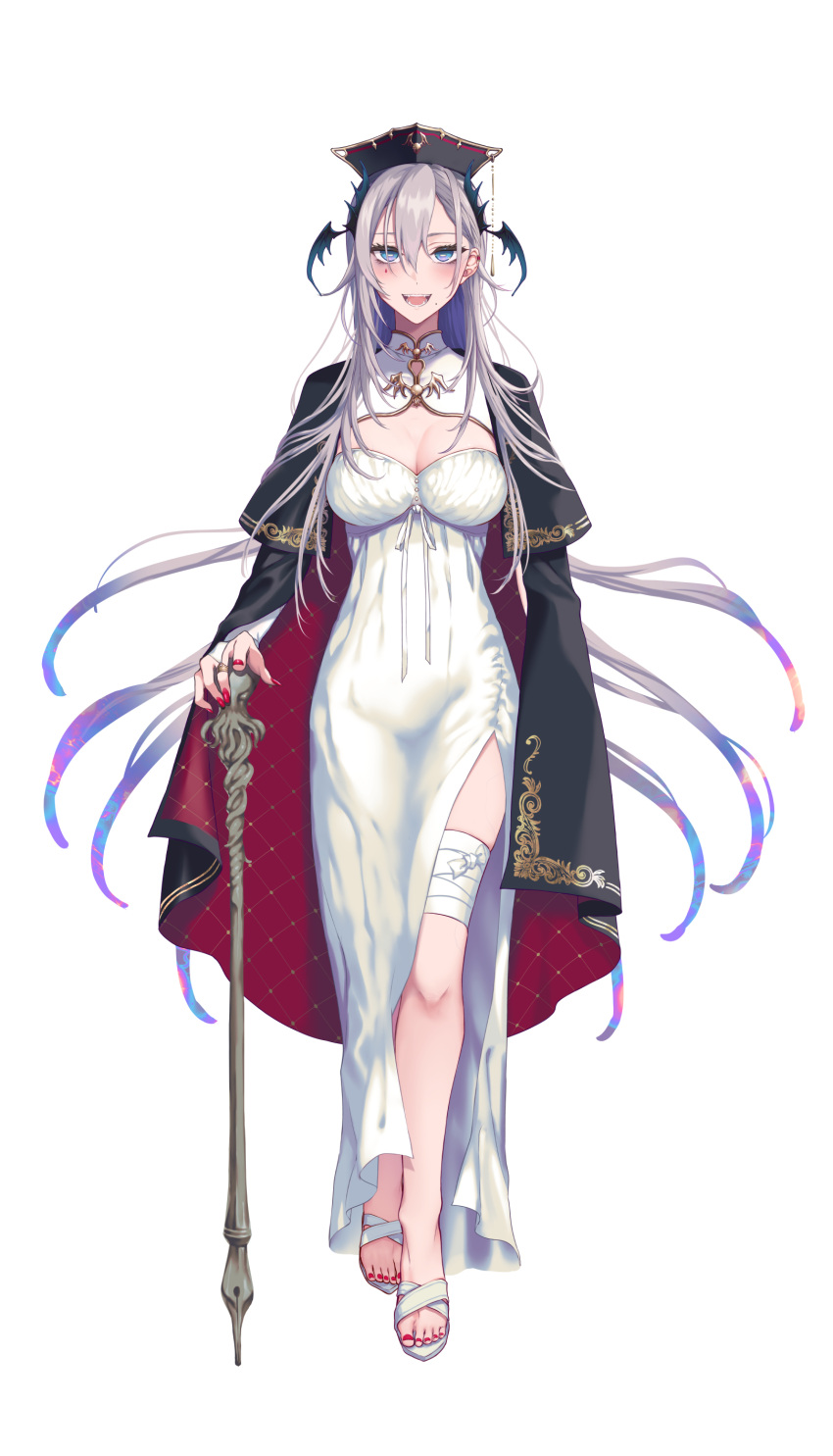 1girl absurdres bandaged_leg bandages black_cape blue_eyes blush breasts cane cape cleavage cleavage_cutout clothing_cutout colored_inner_hair dress gradient_hair grey_hair hat head_wings highres large_breasts long_hair multicolored_hair nail_polish open_mouth original pochi_(pochi-goya) pochimaru_(vtuber) purple_hair side_slit simple_background smile solo tachi-e virtual_youtuber white_background white_dress