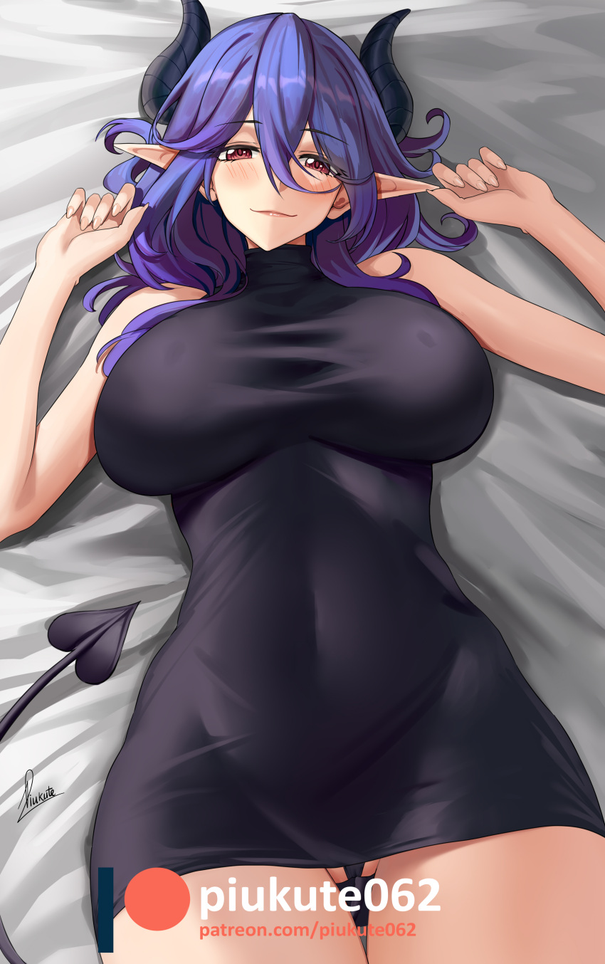 1girl absurdres bangs bare_arms bare_shoulders black_panties blush breasts closed_mouth demon_girl demon_tail english_commentary hair_between_eyes hands_up highres horns kinsou_no_vermeil large_breasts looking_at_viewer lying on_back panties patreon_username piukute062 pointy_ears purple_hair red_eyes signature smile solo tail thigh_gap underwear vermeil_(kinsou_no_vermeil)