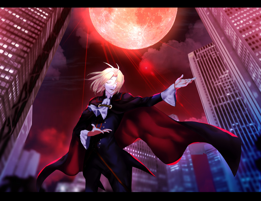 1boy black_border border building cape city closed_eyes closed_mouth cloud collared_shirt floating_hair formal highres male_focus medium_hair melty_blood moon night night_sky okada_pikoguramu open_mouth outstretched_arm red_moon shirt sky tsukihime wallachia wind wind_lift