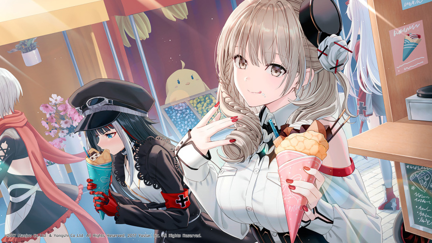 4girls :q admiral_graf_spee_(azur_lane) azur_lane banana bare_shoulders black_dress black_hair black_headwear blue_eyes braid breasts brown_eyes clothing_cutout day deutschland_(azur_lane) dress eating flower food food_stand fruit gold_trim hat hyuuga_azuri large_breasts light_brown_hair long_hair long_sleeves luetzow_(azur_lane) manjuu_(azur_lane) mechanical_hands mini_hat multicolored_hair multiple_girls nail_polish outdoors peaked_cap pink_flower prinz_eugen_(azur_lane) red_hair red_nails red_scarf scarf short_dress short_hair shoulder_cutout side_braid standing streaked_hair tongue tongue_out white_hair