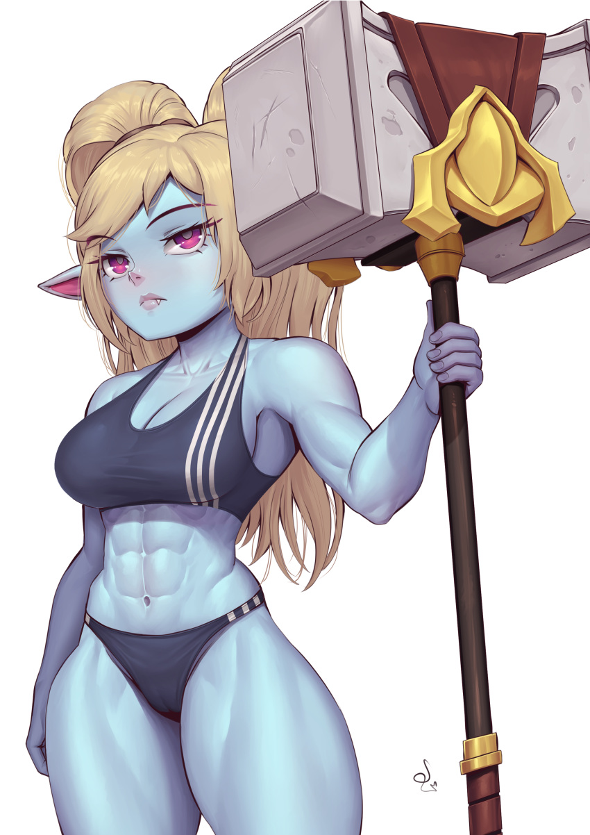 1girl abs absurdres bangs bare_arms bare_shoulders black_panties breasts commission cowboy_shot fang grey_background hammer highres holding holding_hammer holding_weapon large_breasts league_of_legends long_hair muscular muscular_female navel panties pink_eyes pointy_ears poppy_(league_of_legends) signature simple_background speedl00ver sports_bra sportswear twintails underwear weapon