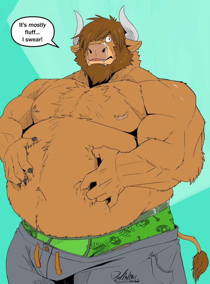 anthro beard belly biceps big_belly bottomwear bovid bovine bulge cattle clothed clothing deadanthro english_text facial_hair facial_piercing hi_res horn lip_piercing male mammal musclegut muscular navel nipples overweight pants piercing solo text topless underwear