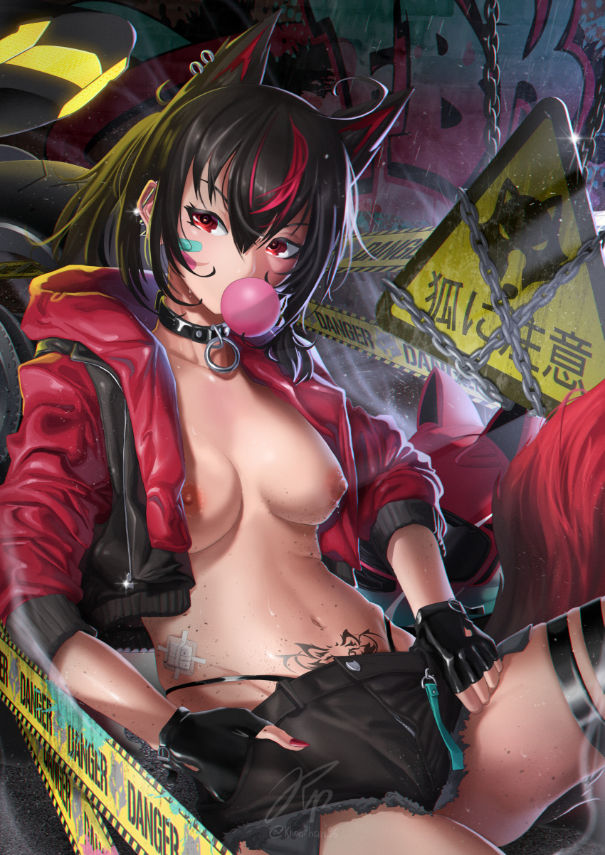 1girl absurdres ahoge animal_ears bandaid bandaid_on_face bangs black_choker black_gloves black_hair black_shorts breasts chain chewing_gum choker cropped_jacket ear_piercing extra_ears fingerless_gloves fox_ears gloves hair_between_eyes highres hololive jacket khoaphan96 kurokami_fubuki long_sleeves looking_at_viewer medium_breasts micro_shorts multicolored_hair nail_polish nipples open_clothes open_jacket piercing red_eyes red_hair red_jacket red_nails shorts sign solo streaked_hair thigh_strap translation_request virtual_youtuber warning_sign