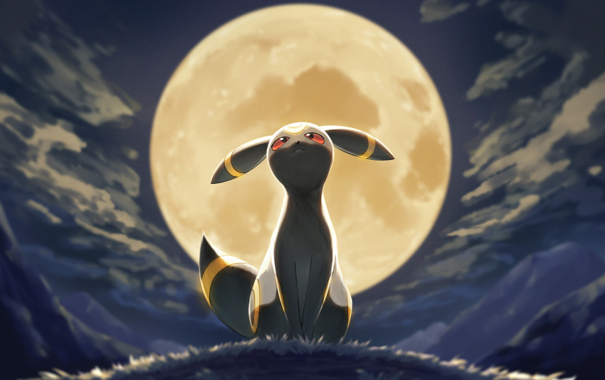 black_eyes bright_pupils cloud colored_sclera commentary_request from_below grass looking_up moon naoki_eguchi night no_humans orange_sclera outdoors pokemon pokemon_(creature) sitting sky solo umbreon white_pupils