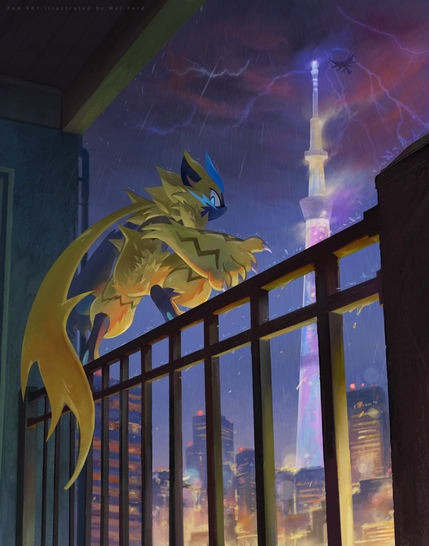 bird blue_eyes building city claws commentary_request fence from_below highres lightning looking_down mei_ford outdoors pokemon rain silhouette squatting tower yellow_fur zapdos zeraora