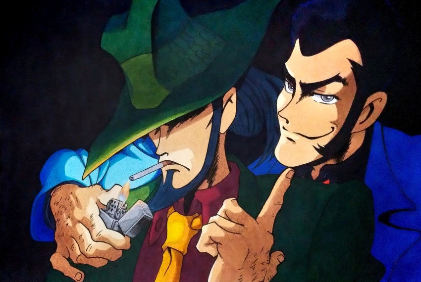 2boys arsene_lupin_iii beard black_background black_hair blue_jacket cigarette facial_hair fire flame green_headwear green_jacket grey_eyes hat highres holding holding_lighter jacket jigen_daisuke lighter lupin_iii male_focus mouth_hold multiple_boys necktie pointing pointing_at_another short_hair sideburns smoking teko_kijibato upper_body yellow_necktie