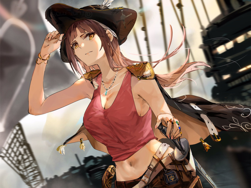 1girl antique_firearm belt bracelet breasts brown_hair cape cleavage firelock flintlock funi_mu9 gun hat highres hololive jewelry medium_breasts midriff navel original pendant sail sheath sheathed ship solo sword tank_top tricorne watercraft weapon yellow_eyes