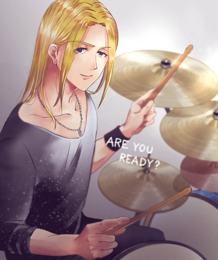 1boy black_shirt blonde_hair cymbals drum drum_set drumsticks earrings emoliquor from_argonavis highres holding holding_drumsticks instrument jewelry long_hair looking_at_viewer male_focus necklace sakaigawa_miyuki shirt sitting smile solo stud_earrings