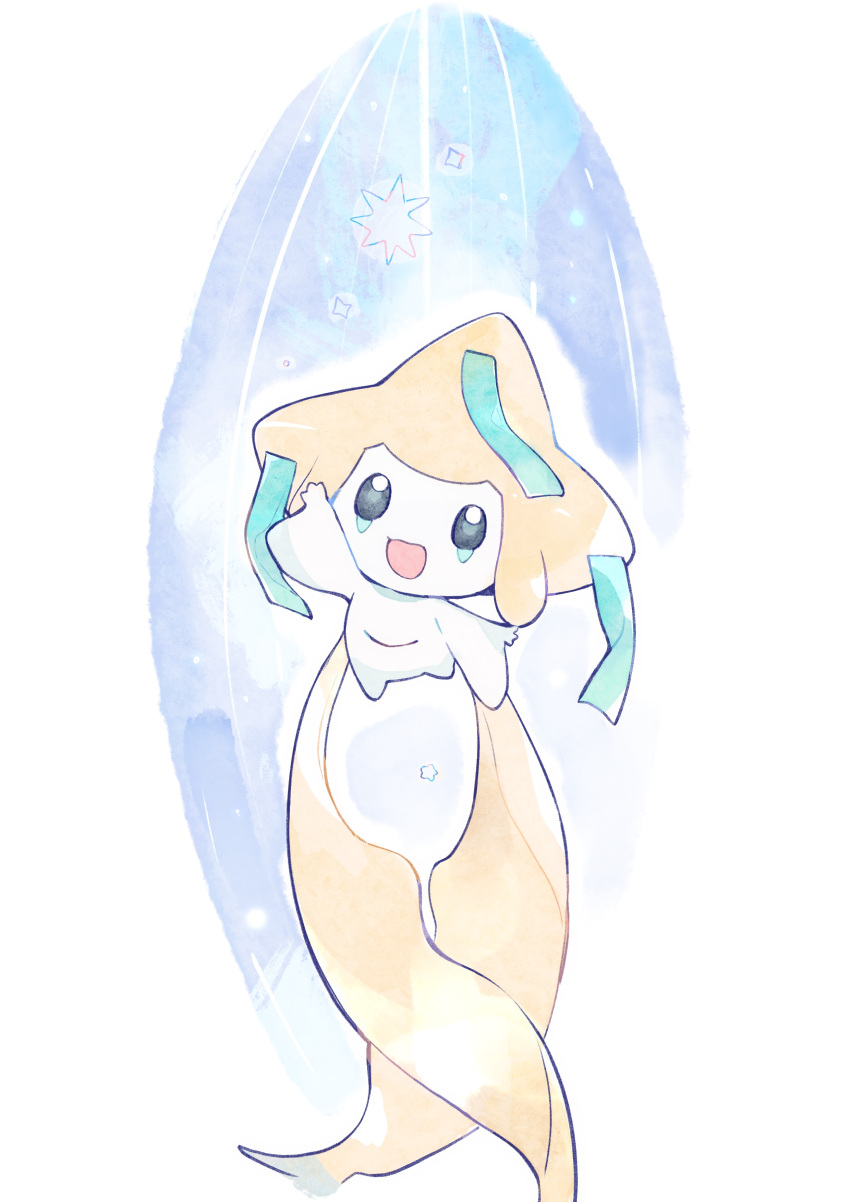 :d absurdres arm_up commentary green_ribbon happy highres jirachi looking_up no_humans open_mouth outstretched_arm pokemon pokemon_(creature) ribbon smile solo symbol-only_commentary toukashi_(2tou9)