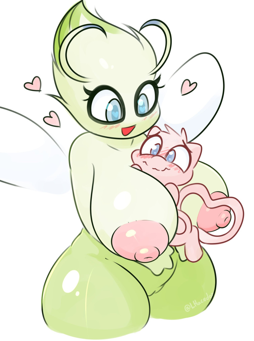 &lt;3 &lt;3_eyes antennae_(anatomy) anthro between_breasts big_breasts big_butt blue_eyes blush blush_lines breasts butt celebi duo eyelashes female fur generation_2_pokemon genitals green_body hi_res insect_wings legendary_pokemon lhacedor long_tail looking_pleasured male male/female mew nintendo nipples open_mouth pink_body pink_fur pink_nipples pokemon pokemon_(species) pussy smile smiling_at_each_other thick_thighs video_games wings