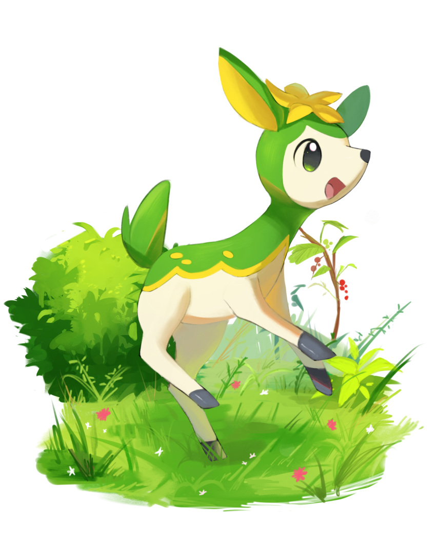 :d animal_focus bush commentary deerling from_side full_body grass green_eyes happy highres horezai open_mouth pokemon smile tongue white_background