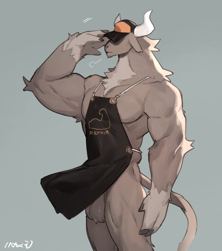 anthro apron balls bebebebebe biped bovid bovine cattle clothing genitals grey_body hat headgear headwear hi_res horn male mammal muscular signature simple_background solo