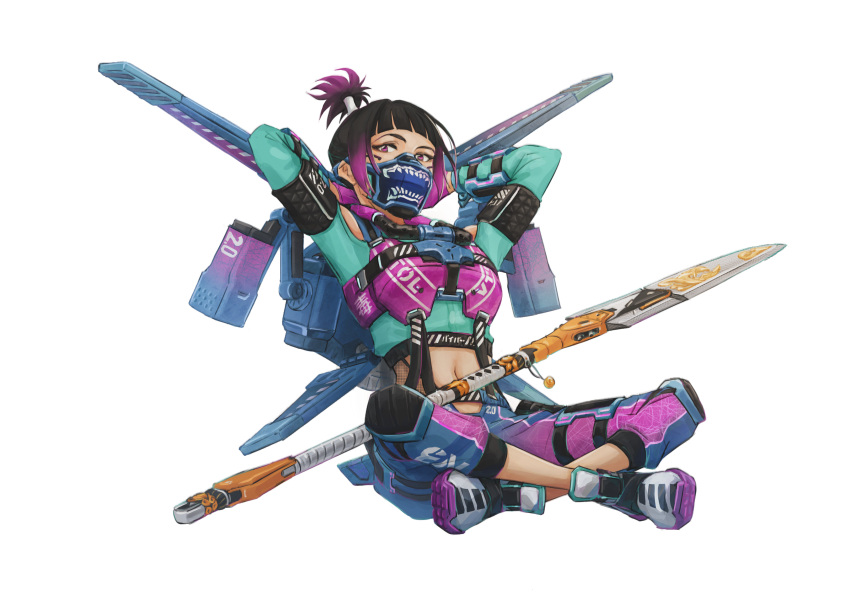 1girl absurdres animification apex_legends aqua_jacket black_hair clothing_cutout cropped_jacket fluorescent_tech_valkyrie gradient_hair grey_footwear hair_behind_ear highres jacket jetpack looking_at_viewer midriff multicolored_hair navel official_alternate_costume polearm purple_eyes purple_hair shoes shoulder_cutout sneakers solo spear suzaku_(apex_legends) valkyrie_(apex_legends) weapon yaco_(085)