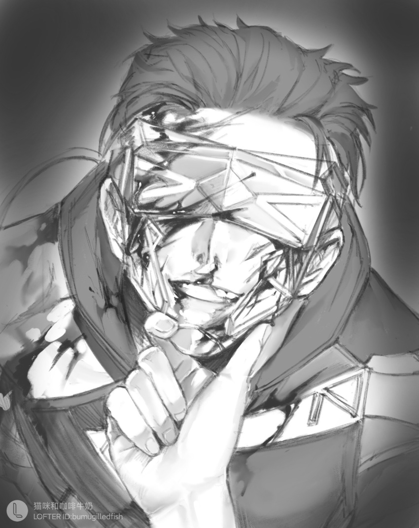 1boy 1other apex_legends blood blood_on_arm blood_on_face broken_mask duoqing_hanzhe fast_fashion_octane goggles greyscale hair_behind_ear hair_slicked_back hand_on_another's_chin head-mounted_display highres jacket lofter_logo lofter_username looking_at_viewer male_focus mask monochrome octane_(apex_legends) official_alternate_costume pov smile solo_focus watermark