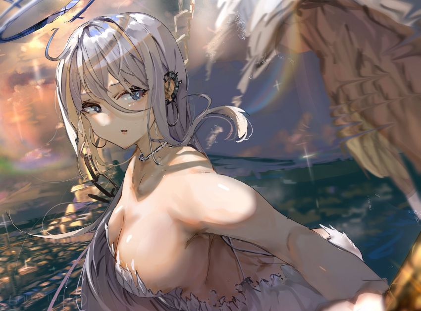 1girl backless_outfit bare_shoulders blurry blurry_background breasts castle cleavage dress ear_piercing feathered_wings funi_mu9 grey_hair halo highres hololive large_breasts long_hair looking_to_the_side original piercing solo wings