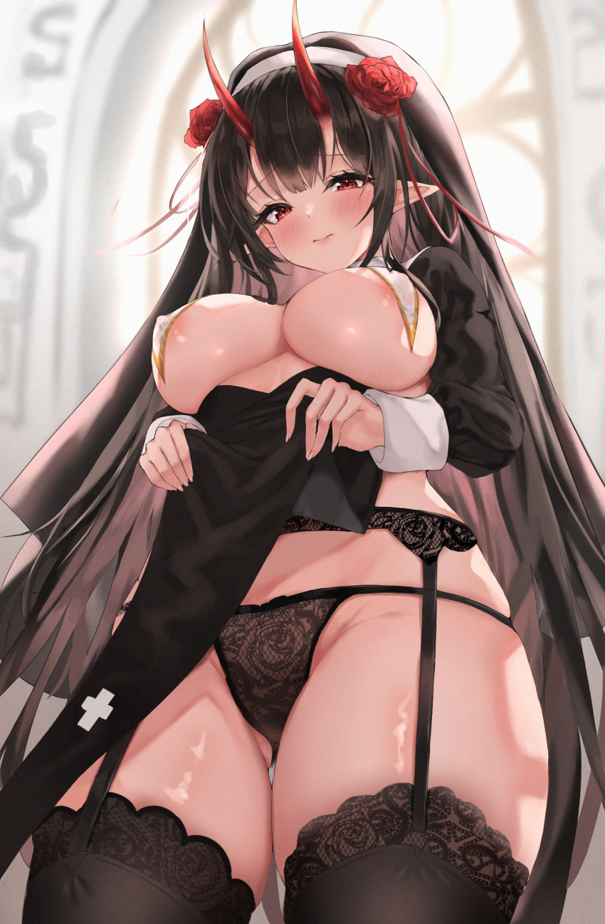 1girl 3: areola_slip ass_visible_through_thighs black_garter_belt black_hair black_panties black_sleeves black_thighhighs breast_curtains breasts closed_mouth clothes_lift covered_nipples cowboy_shot cross flower from_below garter_belt habit hair_flower hair_ornament hairband highres horns lace lace-trimmed_legwear lace_garter_belt lace_panties lace_trim large_breasts long_hair long_sleeves looking_at_viewer looking_down lotpi nun oni_horns original panties pelvic_curtain pelvic_curtain_lift pointy_ears pubic_tattoo raised_eyebrows red_eyes red_flower shrug_(clothing) solo tattoo thighhighs thighs underwear white_hairband