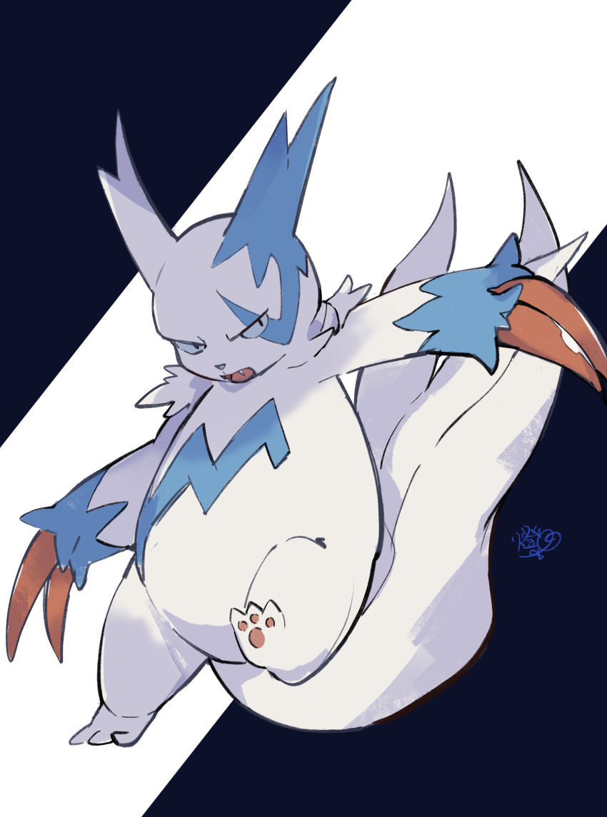 absurdres alternate_color claws commentary fang full_body highres leg_up looking_to_the_side no_humans open_mouth pokemon pokemon_(creature) shiny_pokemon signature solo symbol-only_commentary toukashi_(2tou9) white_fur zangoose