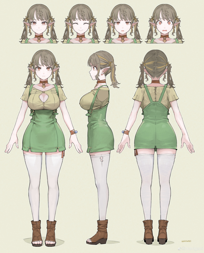 :3 ^_^ absurdres ankle_boots arms_at_sides artist_name bangs blunt_bangs boots breast_cutout breasts brown_choker brown_footwear brown_ribbon choker cleavage closed_eyes elf from_behind from_side full_body green_background green_shirt green_skirt grey_hair highres jun_(seojh1029) large_breasts leaf maple_leaf multiple_views open_mouth orange_eyes original overall_skirt pencil_skirt pointy_ears reference_sheet ribbon shirt short_sleeves sidelocks skirt standing thighhighs toeless_footwear twintails underbust weibo_logo weibo_username white_thighhighs wristband