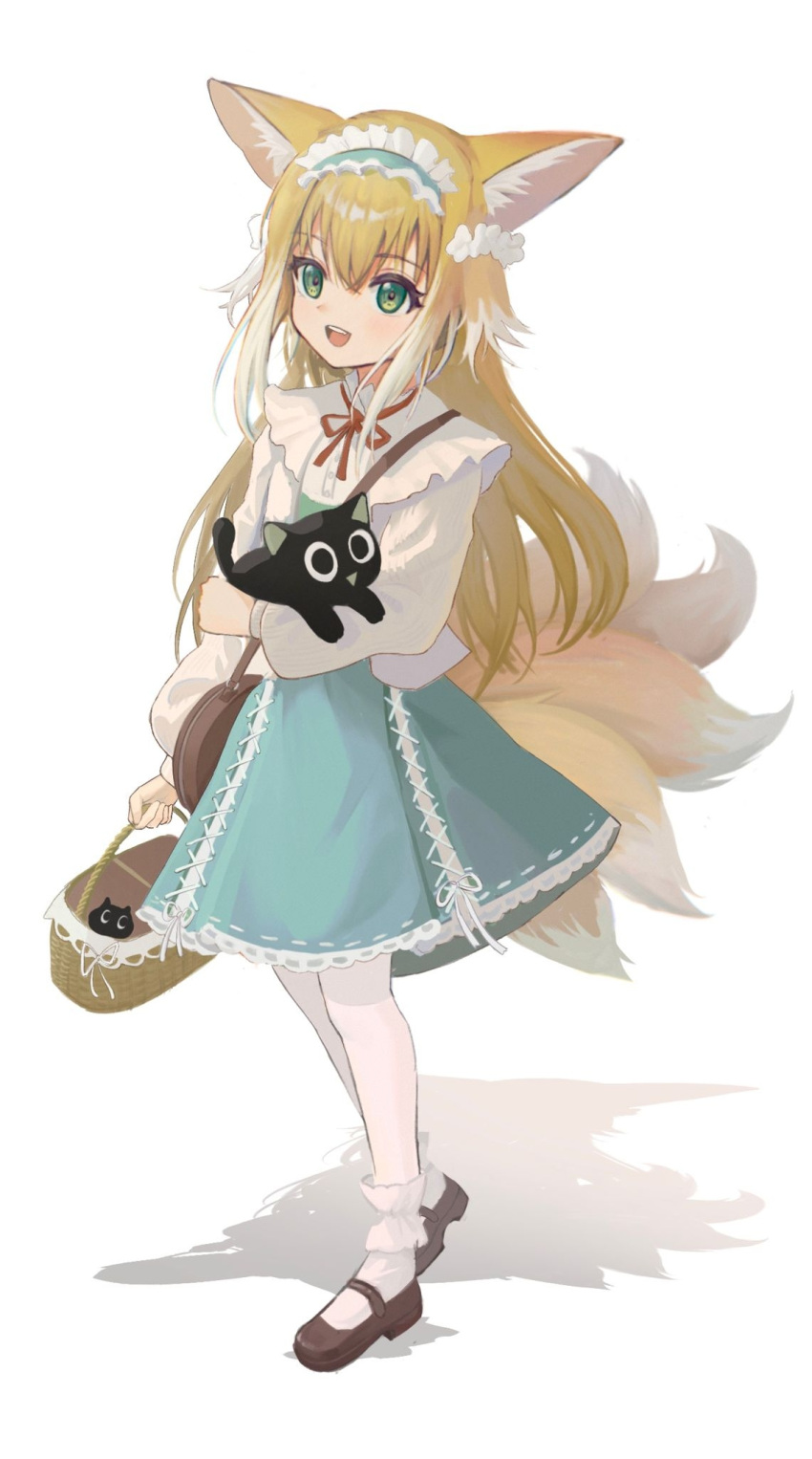 1girl :d animal animal_ears ankle_cuffs arknights basket black_cat black_footwear blonde_hair blue_hairband blue_skirt cat flower fox_ears fox_girl fox_tail frilled_hairband frills full_body green_eyes hair_down hair_flower hair_ornament hairband highres holding holding_animal holding_basket holding_cat kitsune long_hair long_sleeves looking_at_viewer luoxiaohei multicolored_hair multiple_tails neck_ribbon official_alternate_costume open_mouth pantyhose red_ribbon ribbon shadow shoes simple_background skirt smile solo standing streaked_hair suzuran_(arknights) suzuran_(spring_praise)_(arknights) tail teeth the_legend_of_luo_xiaohei triangle_mouth upper_teeth white_background white_flower white_hair white_pantyhose yaoyaojiadeluren