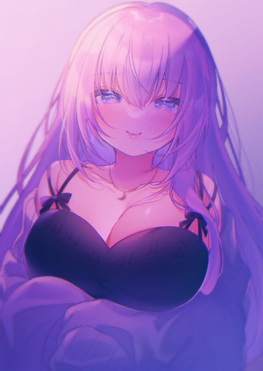 1girl awachi_(awawa) bangs bare_shoulders black_nightgown blue_eyes blush breasts commentary crescent_necklace highres jacket jewelry large_breasts long_hair long_sleeves looking_at_viewer megurine_luka musical_note musical_note_print necklace nightgown off_shoulder pink_hair pink_lips purple_jacket sheet_music_print sidelocks smile solo upper_body very_long_hair vocaloid