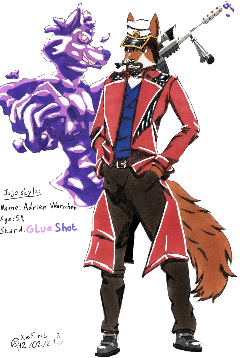 adrien_warmher age_difference ambiguous_gender anthro blue_clothing blue_shirt blue_topwear canid canine canis clothing duo fox goo_creature hi_res hybrid jacket jojo's_bizarre_adventure kepi male male/ambiguous mammal older_male red_clothing red_jacket red_topwear shirt stand_(jjba) topwear weapon wolf xefino