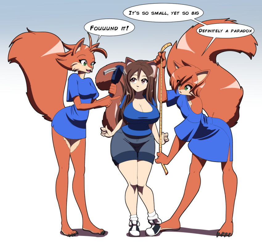 animal_humanoid anthro bare_legs big_breasts bottomwear breasts brown_body brown_fur brown_hair cleavage clothed clothing dialogue female fur group hair hi_res humanoid kojiro-brushard long_hair malkai_(malkaiwot) mammal mammal_humanoid rodent rodent_humanoid sciurid sciurid_humanoid shorter_female shorts size_difference speech_bubble squirrel_humanoid tape_measure trio