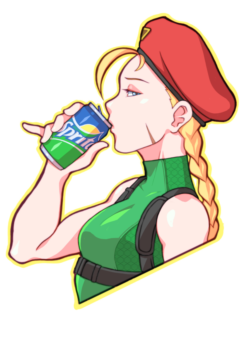 1girl 2019 antenna_hair beret blonde_hair blue_eyes braid cammy_white can drinking eyeshadow from_side green_leotard hat highres holding holding_can its_just_suppi leotard long_hair looking_at_viewer looking_to_the_side makeup pinky_out product_placement red_headwear scar scar_on_cheek scar_on_face signature soda_can solo sprite_(drink) street_fighter street_fighter_v twin_braids