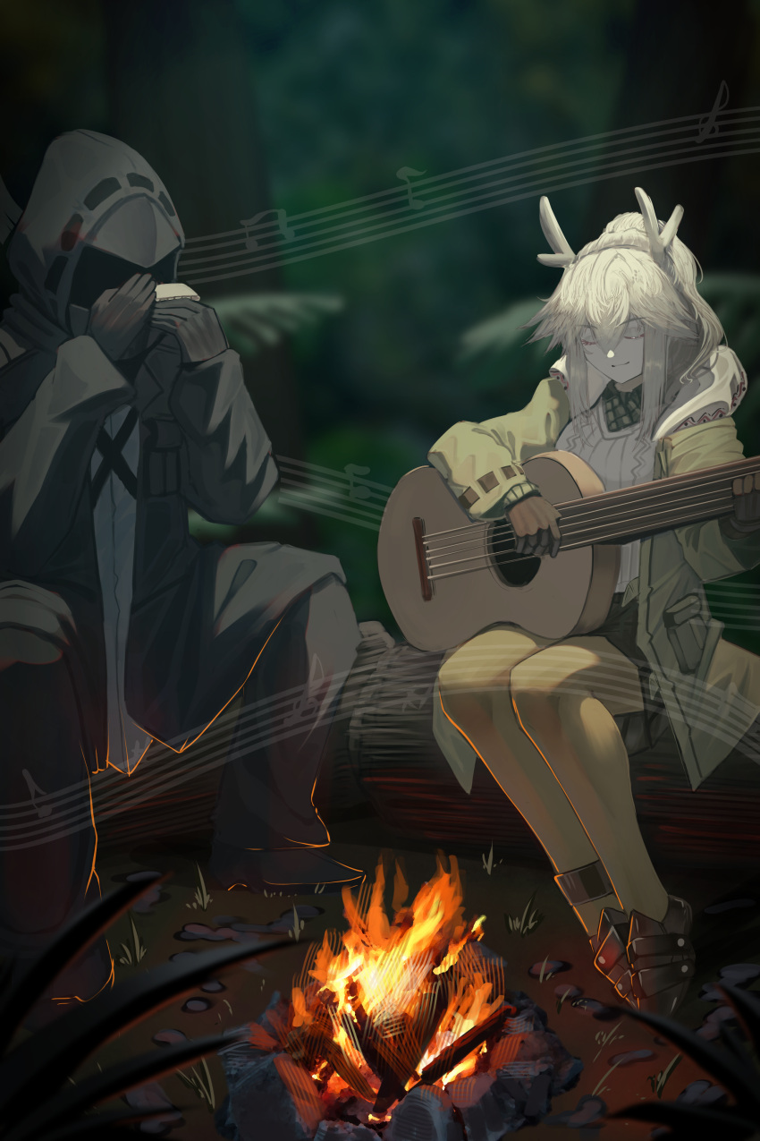 1girl 1other absurdres acoustic_guitar anklet antlers arknights black_coat black_footwear black_gloves black_pants black_skirt brown_gloves closed_mouth coat doctor_(arknights) fire firewatch_(arknights) gloves grey_coat grey_hair grey_pantyhose guitar harmonica highres hood hood_down hood_up hooded_coat instrument jewelry log long_hair long_sleeves mask miniskirt music musical_note najashi night outdoors pants pantyhose playing_instrument ponytail shirt shoes sidelocks sitting skirt smile staff_(music) wariza white_shirt