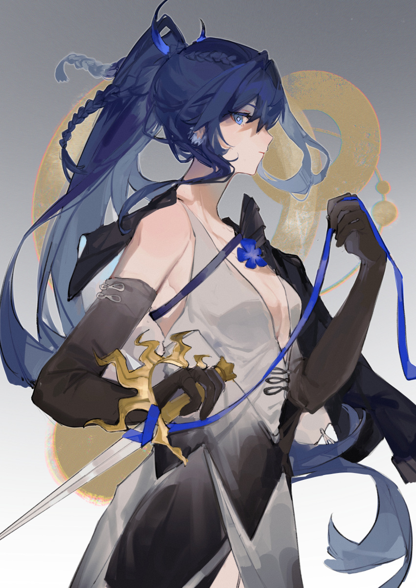 1girl absurdres alternate_costume arknights astesia_(arknights) black_gloves blue_eyes blue_hair braid breasts bright_pupils center_opening dress elbow_gloves gloves grey_background grey_dress hair_between_eyes highres inkam long_hair looking_at_viewer medium_breasts ponytail profile sideways_glance simple_background sleeveless sleeveless_dress solo upper_body white_pupils