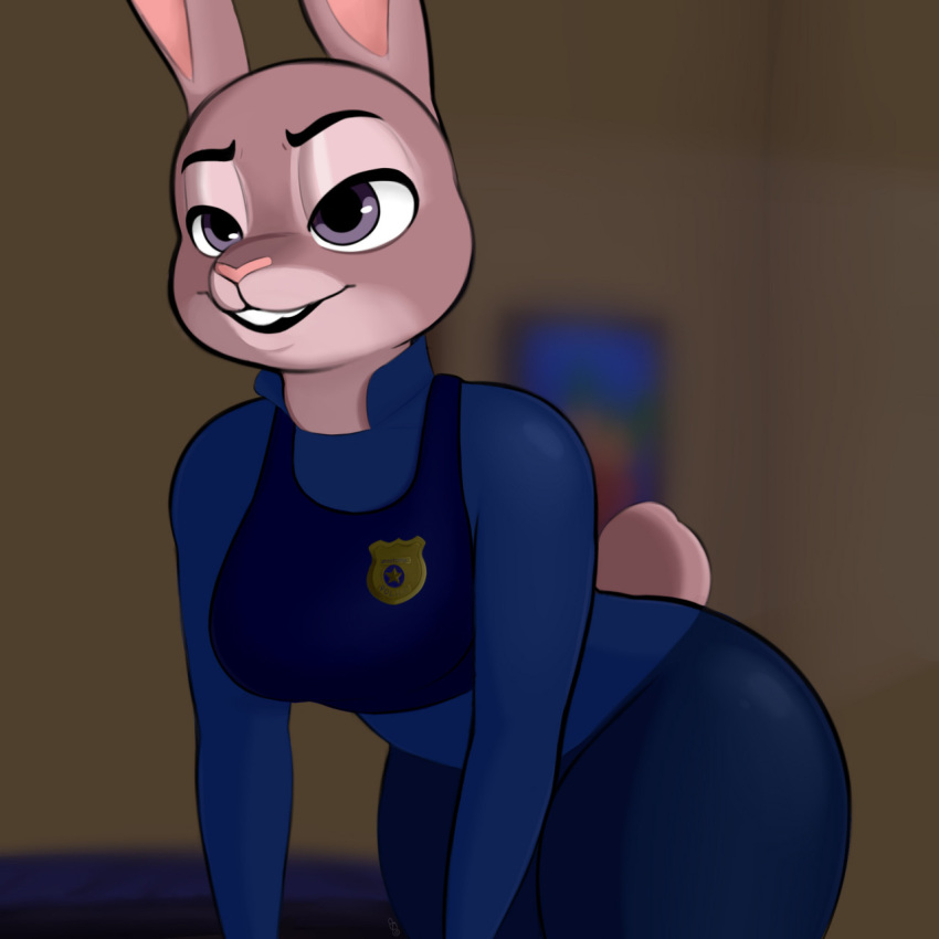 1:1 anthro badge bent_over big_butt breasts butt clothed clothing disney female fully_clothed fur grey_body grey_fur hi_res inside judy_hopps lagomorph leporid mammal multicolored_body open_mouth open_smile police_badge police_uniform rabbit scut_tail short_tail simple_background sleepingpowder small_breasts smile solo thick_thighs two_tone_body uniform white_body white_fur zootopia