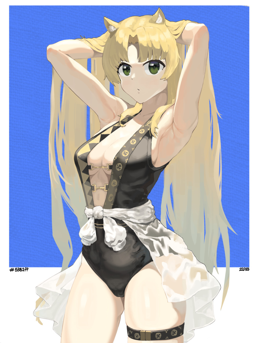 1girl animal_ear_fluff animal_ears arknights armpits arms_up bangs black_outline blonde_hair blue_background breasts casual_one-piece_swimsuit cleavage closed_mouth clothes_around_waist cowboy_shot green_eyes hands_in_hair highres jacket long_hair looking_at_viewer nim_k official_alternate_costume one-piece_swimsuit outline parted_bangs photoshop_(medium) see-through see-through_jacket solo swimsuit swire_(arknights) thigh_strap tiger_ears two-tone_background very_long_hair white_background white_jacket